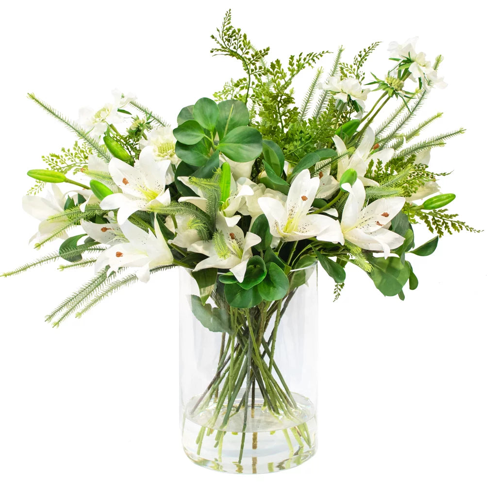 WHITE TIGER LILY WITH FERN FOLIAGE IN CYLINDER VASE 70cm