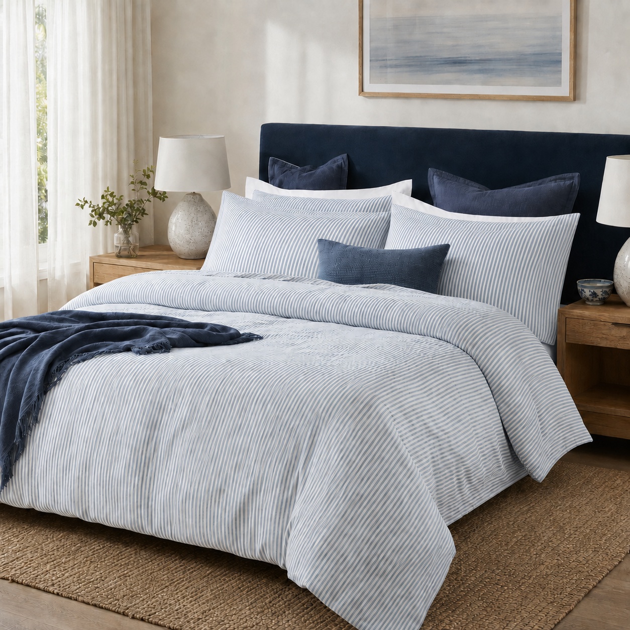 A neatly made bed in a styled bedroom setting, featuring a light blue and white vertically striped duvet cover and matching pillow shams, accented with solid navy blue pillows and a navy throw blanket.