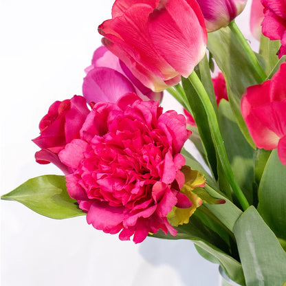 TULIPS ROSES AND PEONY PURPLES IN CYLINDER VASE