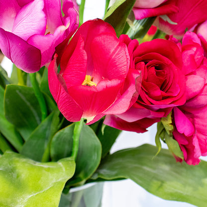 TULIPS ROSES AND PEONY PURPLES IN CYLINDER VASE