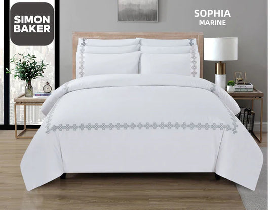 Simon Baker | T200 Cotton Percale Embroidered Duvet Cover Set - Sophia Marine