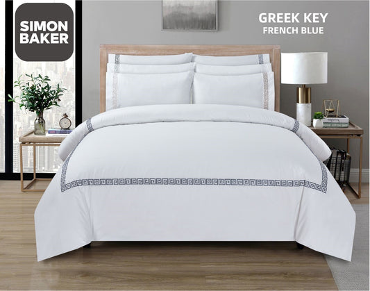 Simon Baker | T200 Cotton Percale Embroidered Duvet Cover Set - Greek Key Grey